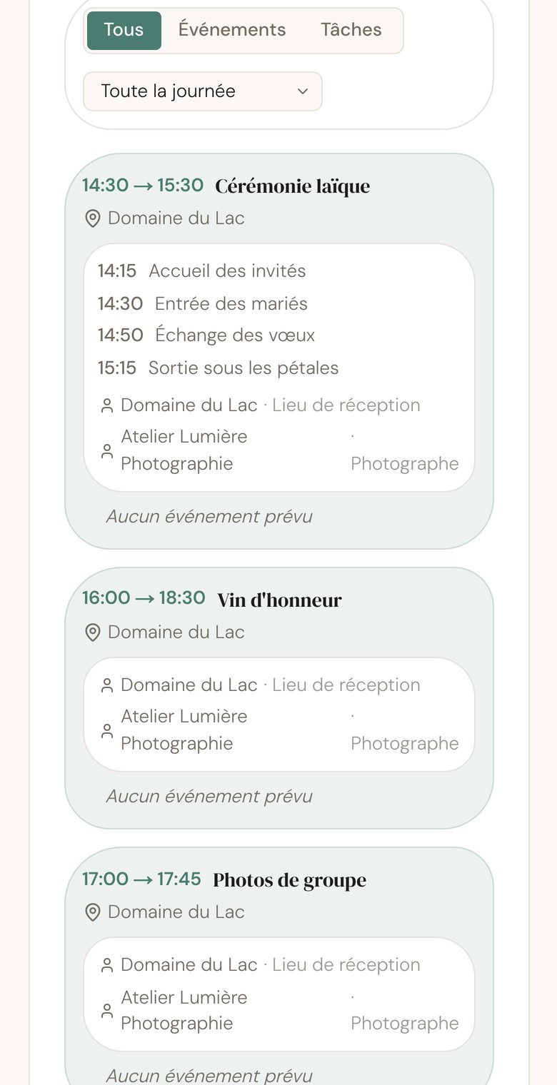 Écran Jour J de l'app : cérémonie laïque de 14h30 à 15h30 au Domaine du Lac, avec l'accueil des invités, l'entrée des mariés et l'échange des vœux, puis le vin d'honneur.